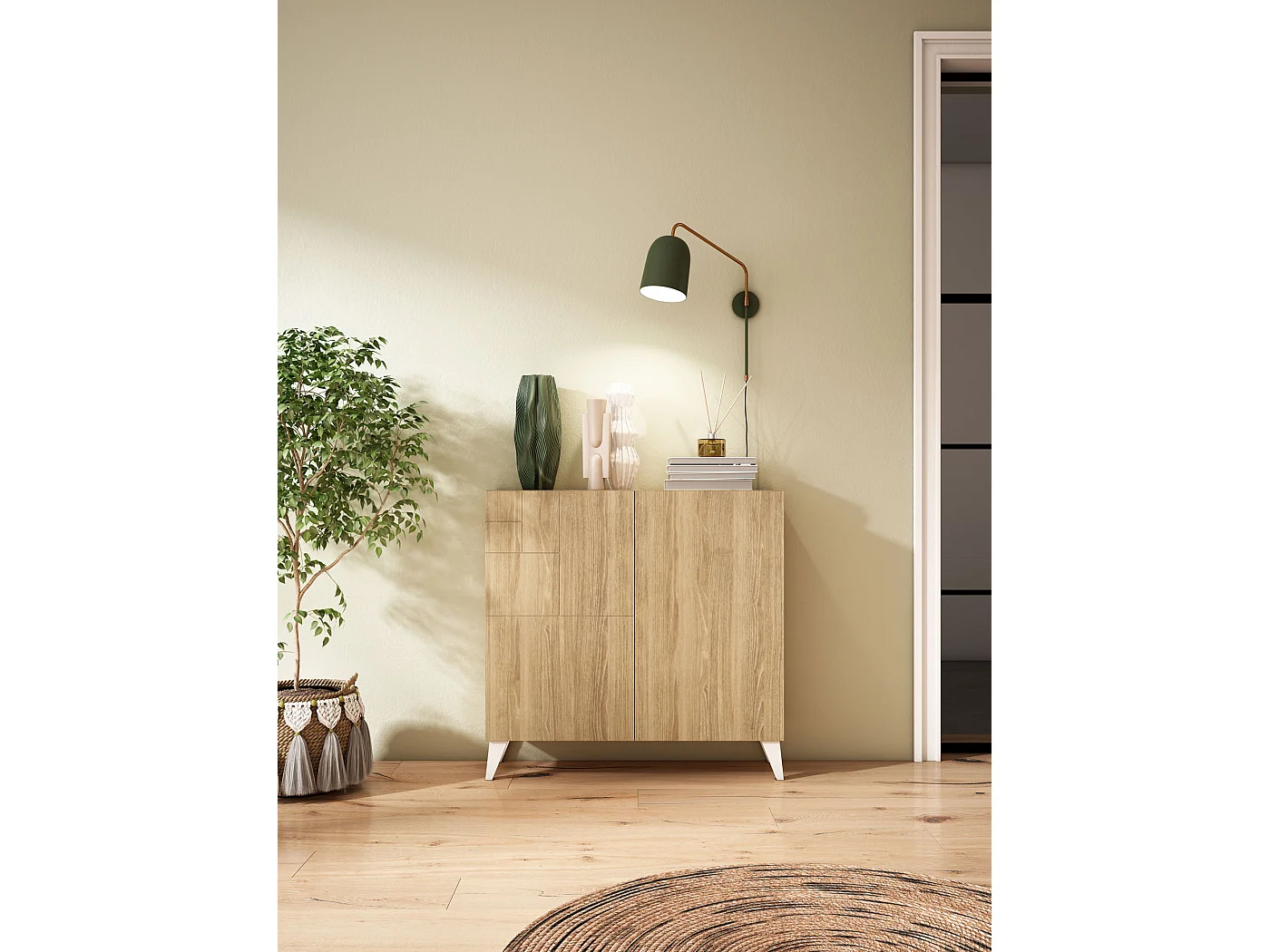 Sapateiro/Móvel organização - H87cm x L90cm x P27cm chêne dore pernas branco – Bergen