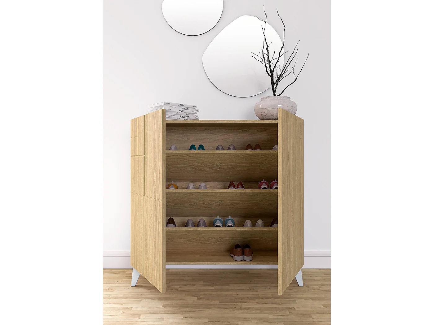 Sapateiro/Móvel organização - H87cm x L90cm x P27cm chêne dore pernas branco – Bergen
