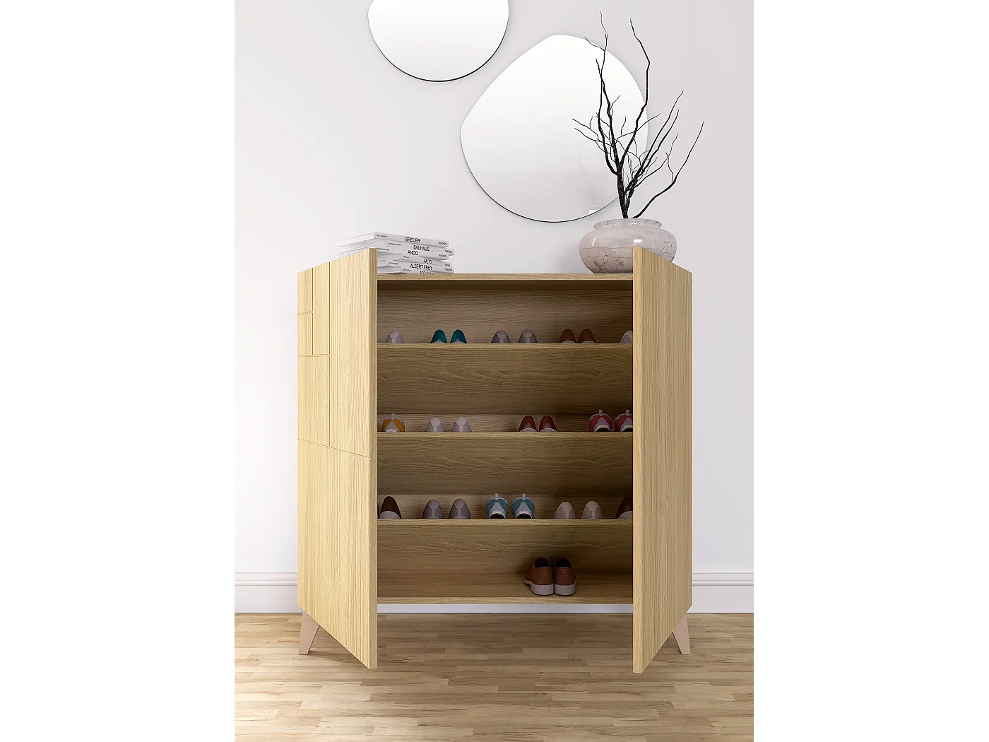 Sapateiro/Móvel organização - H87cm x L90cm x P27cm chêne dore – Bergen