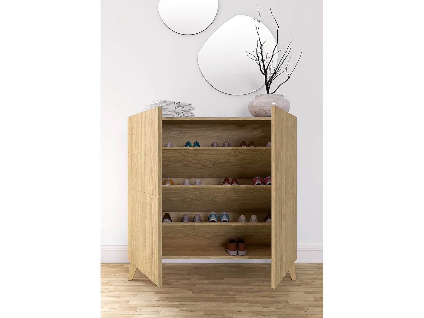 Sapateiro/Móvel organização - H87cm x L90cm x P27cm chêne dore – Bergen