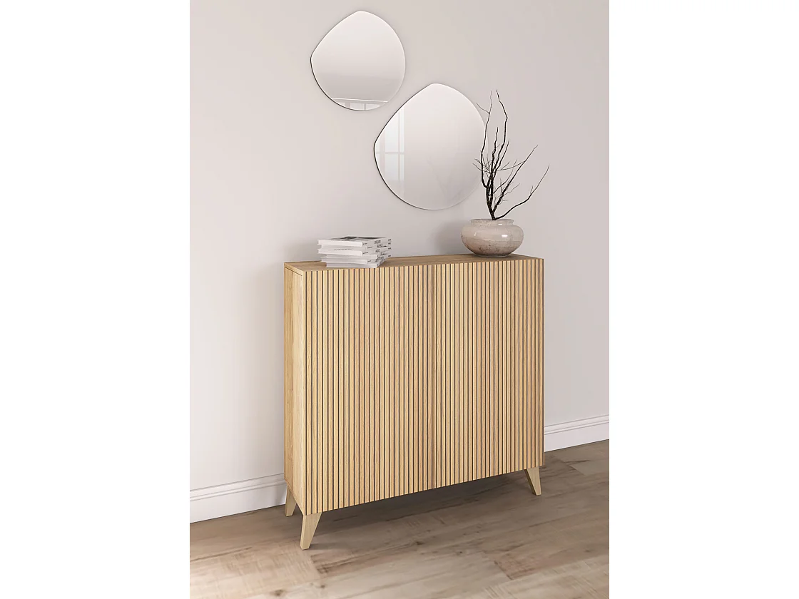 Meuble à chaussures/rangement - H87cm x L90cm x P27cm chêne portes impression lattes - Sunne