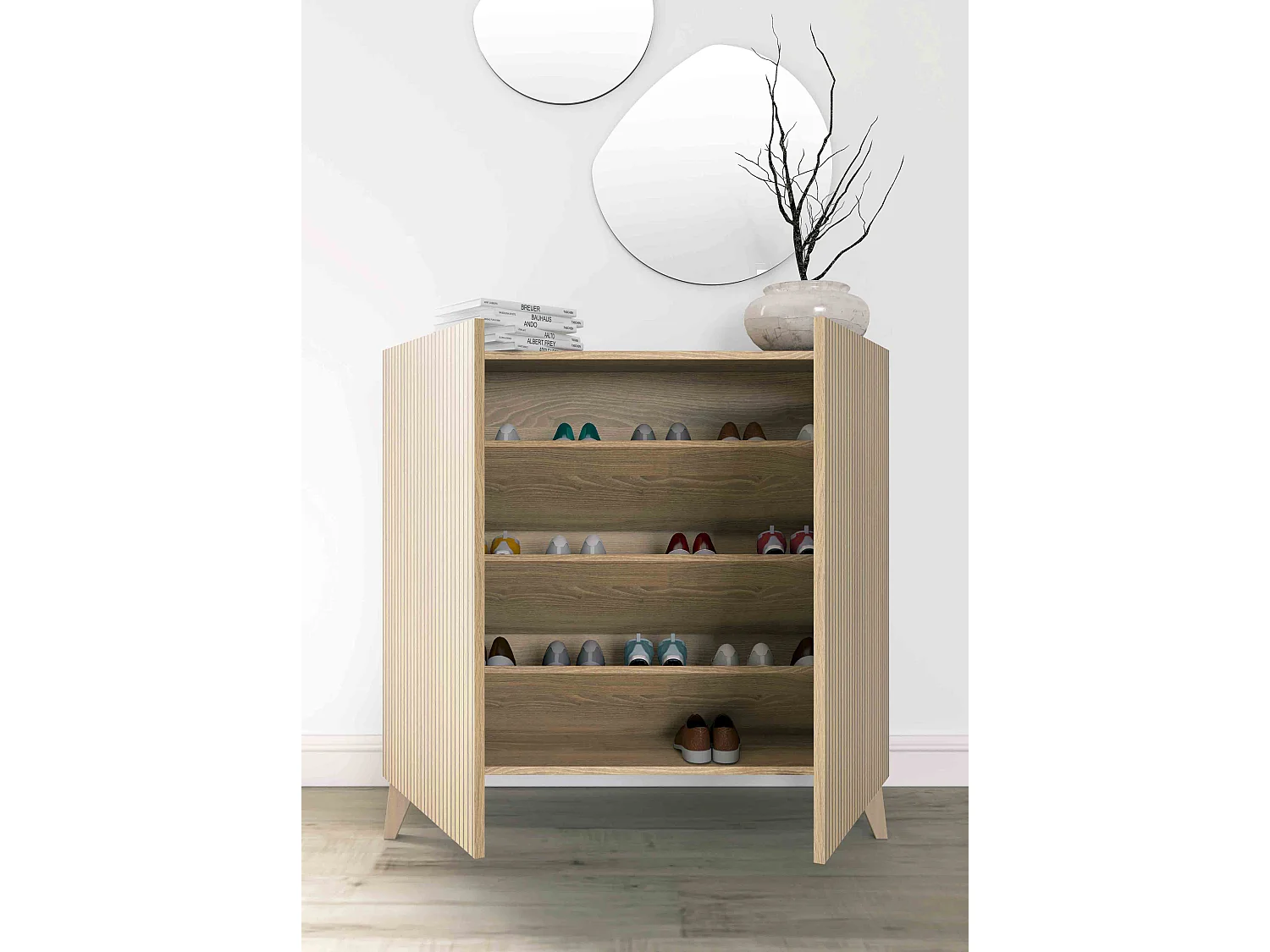 Meuble à chaussures/rangement - H87cm x L90cm x P27cm chêne portes impression lattes - Sunne
