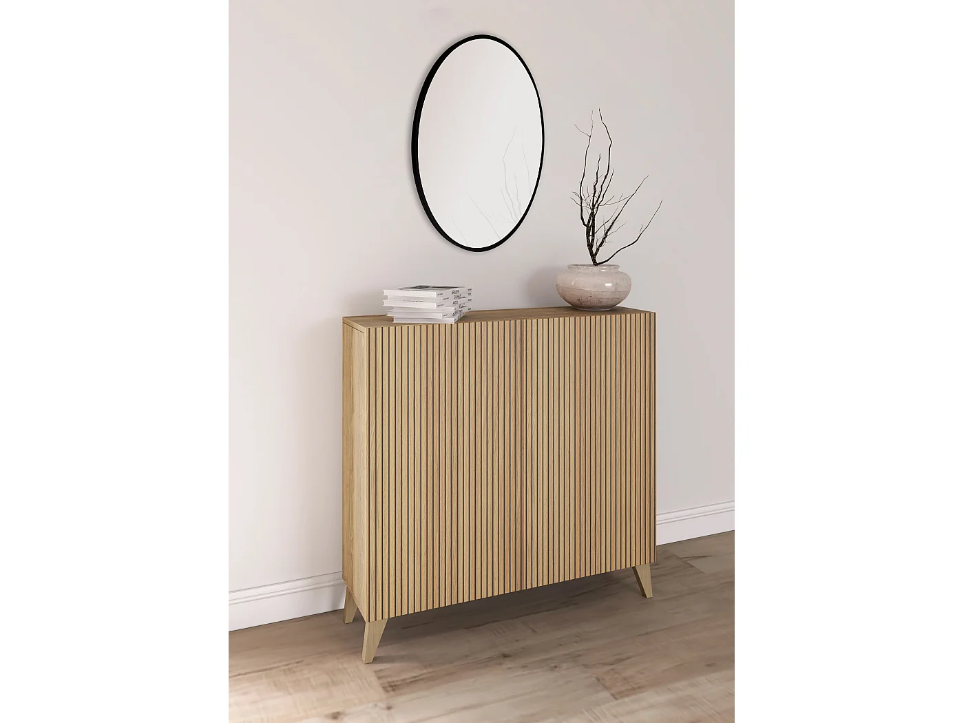 Meuble à chaussures/rangement - H87cm x L90cm x P27cm chêne portes impression lattes - Sunne