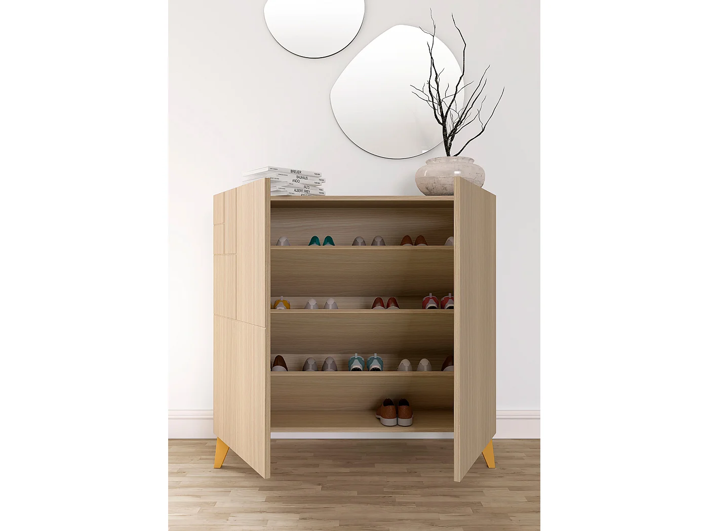 Mueble zapatero almacenaje - A87cm x L90cm x F27cm nogal claro patas mostaza - Bergen