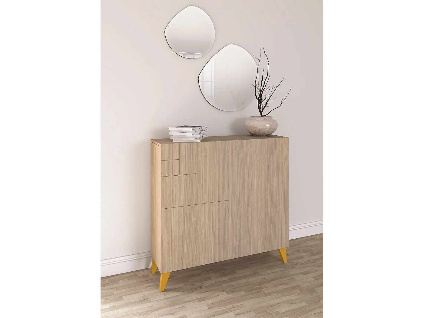 Mueble zapatero almacenaje - A87cm x L90cm x F27cm nogal claro patas mostaza - Bergen