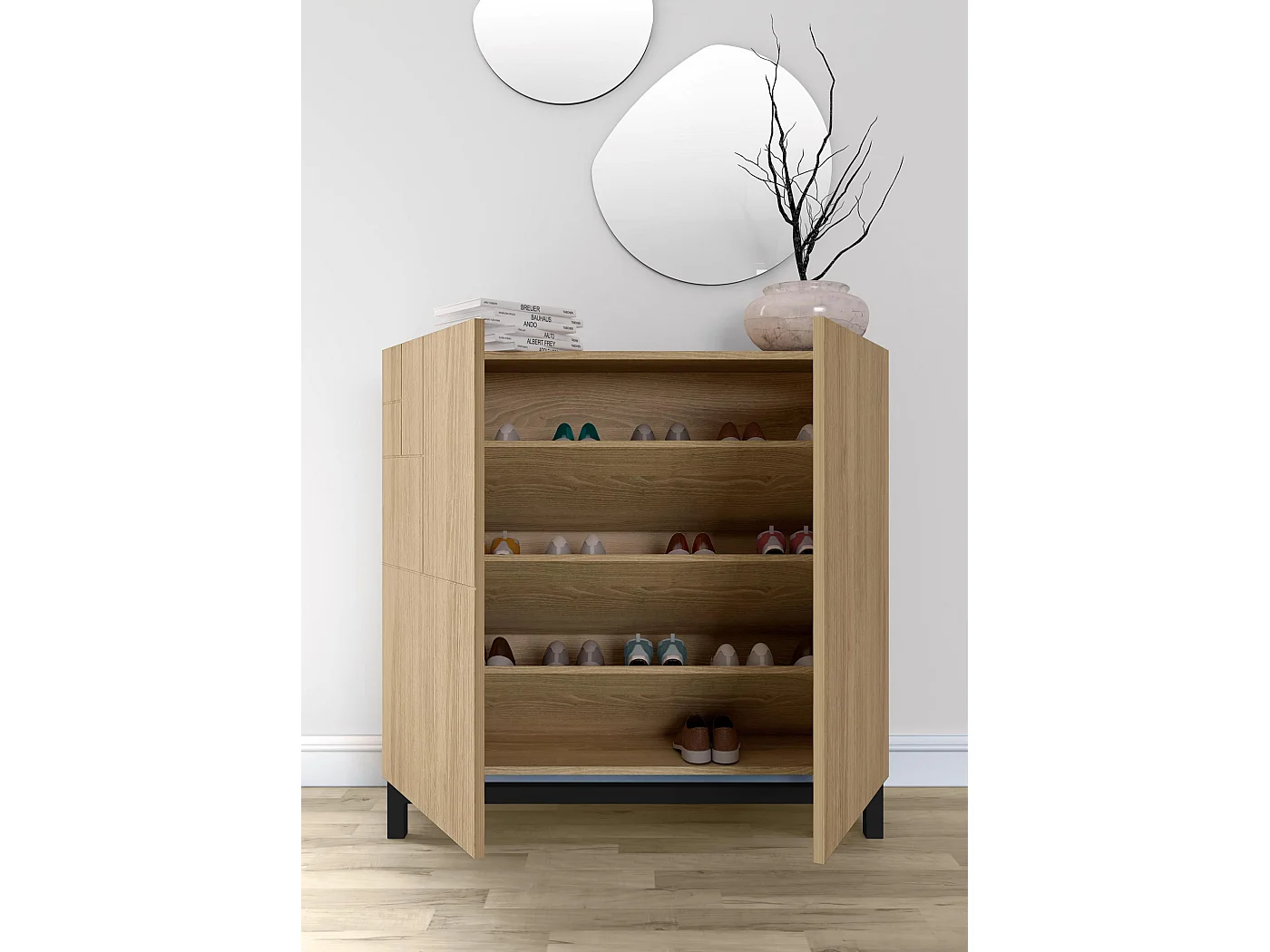 Sapateiro/Móvel organização - H90cm x L90cm x P27cm carvalho dourado pernas preto - Copenhague