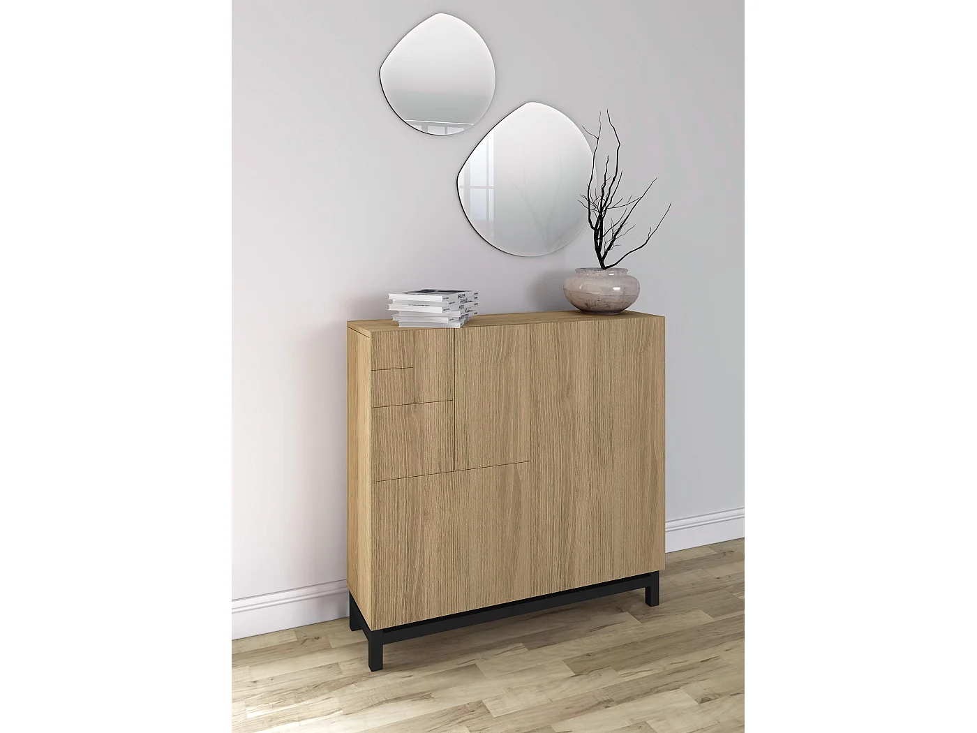 Sapateiro/Móvel organização - H90cm x L90cm x P27cm carvalho dourado pernas preto - Copenhague