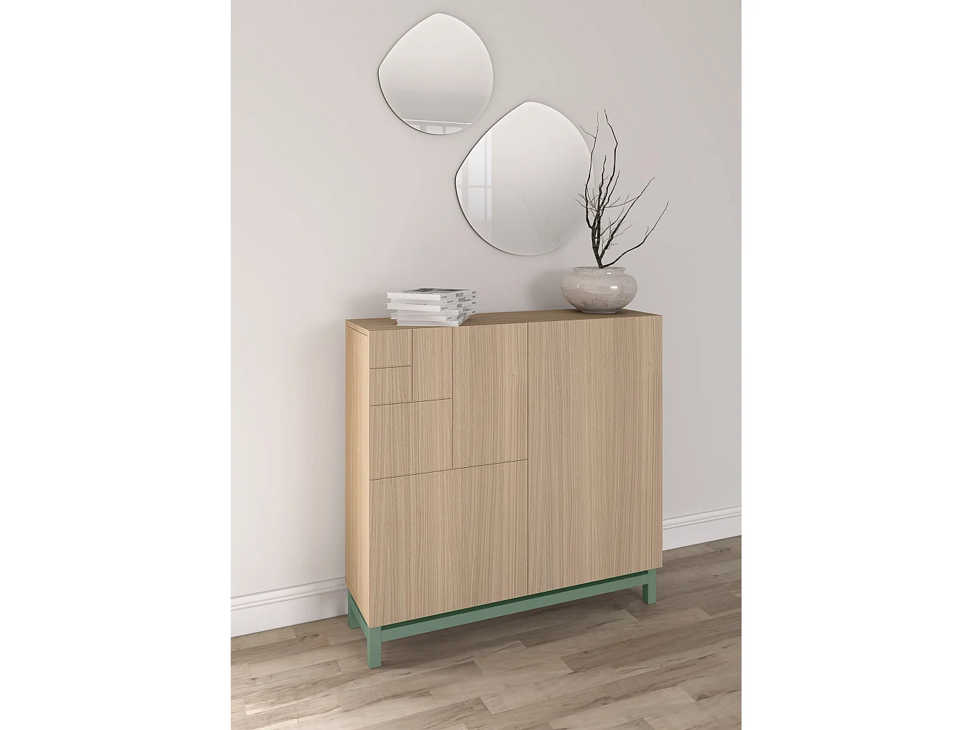 Sapateiro/Móvel organização - H90cm x L90cm x P27cm nogueira clara pernas verde - Copenhague