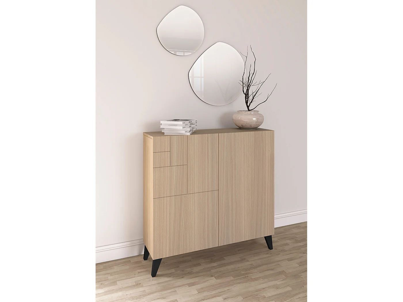 Mueble zapatero almacenaje - A87cm x L90cm x F27cm nogal claro patas negro - Bergen