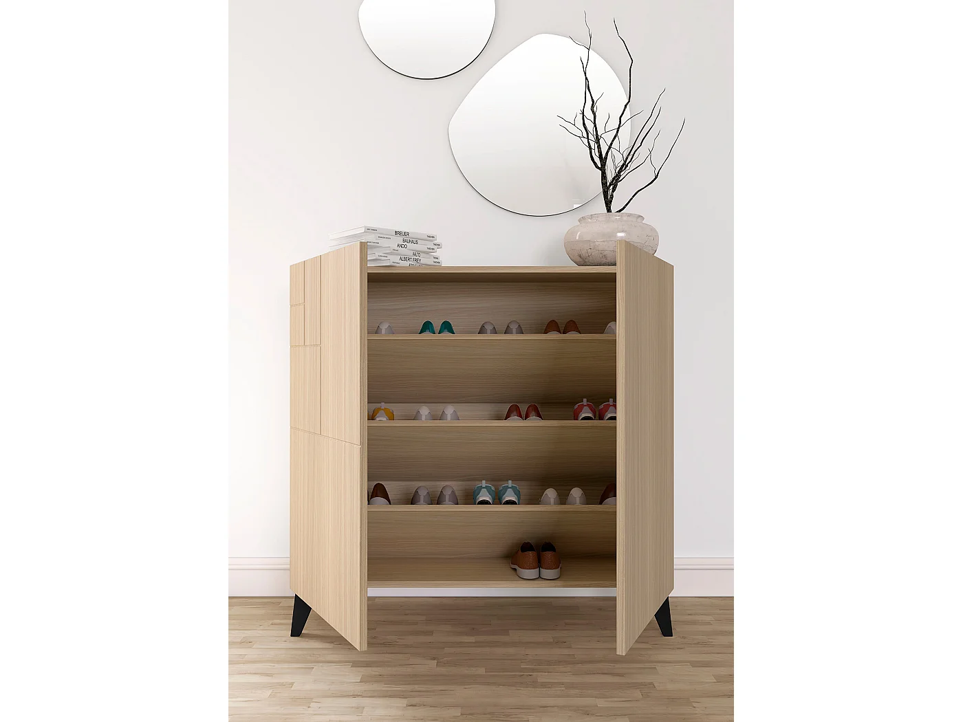 Sapateiro/Móvel organização - H87cm x L90cm x P27cm nogueira clara pernas preto - Bergen