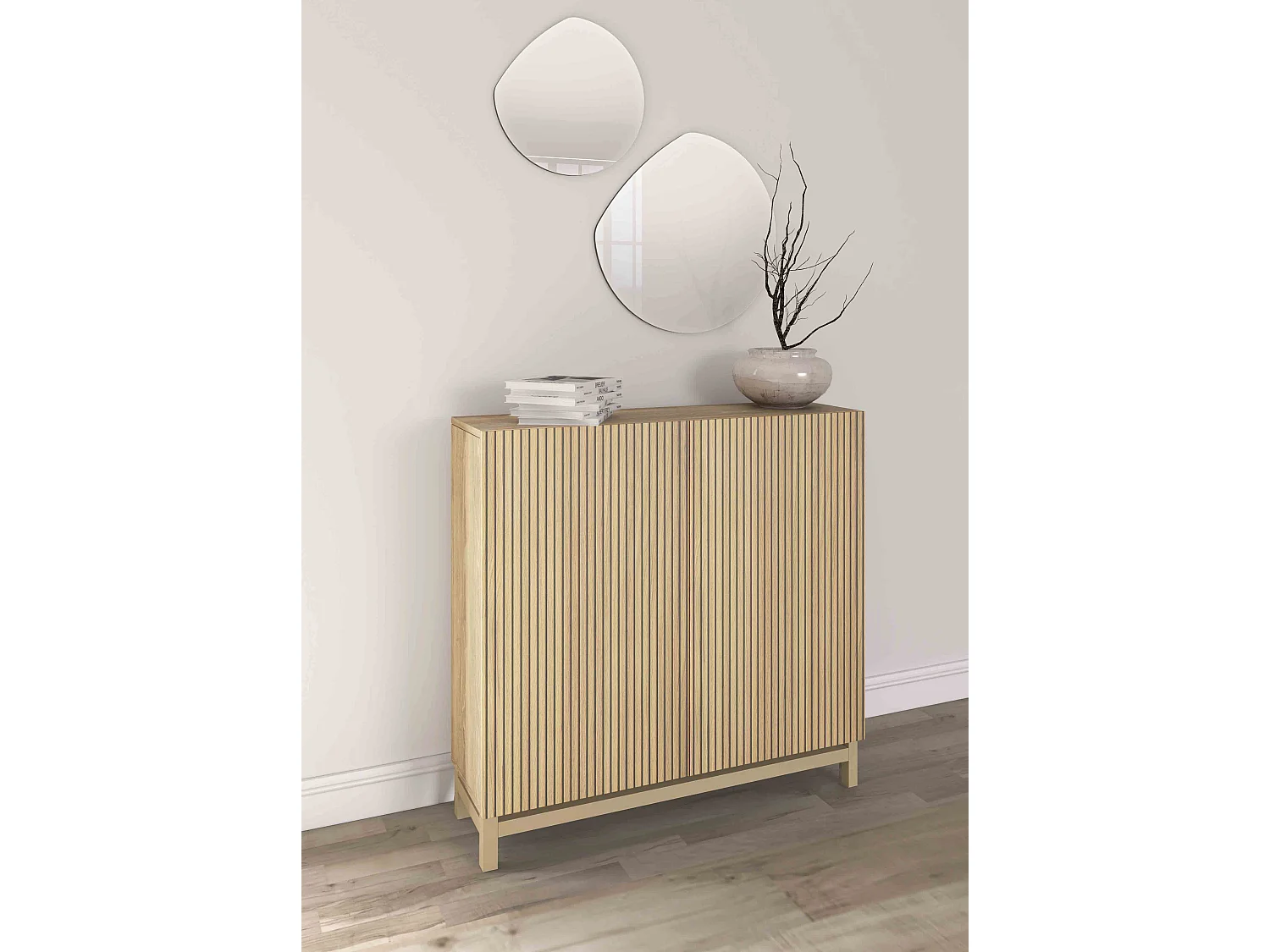 Mueble zapatero almacenaje - A90cm x L90cm x F27cm roble dorado puertas impresión vallado - Hanko