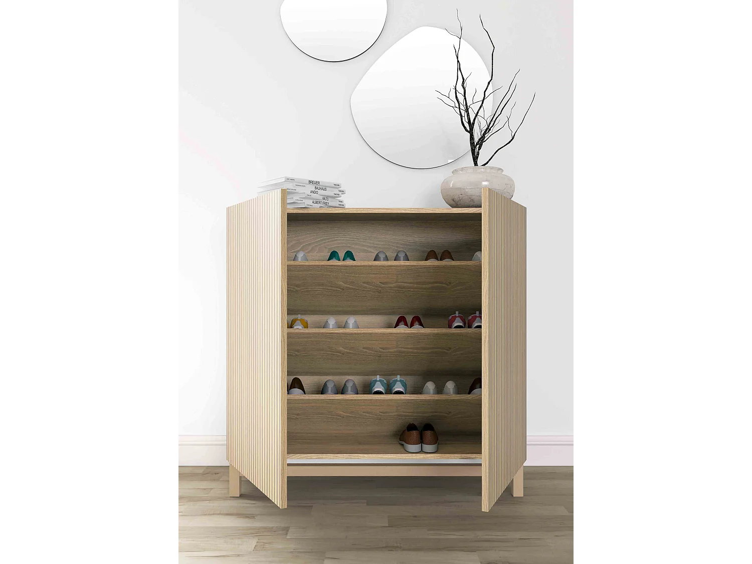 Mueble zapatero almacenaje - A90cm x L90cm x F27cm roble dorado puertas impresión vallado - Hanko