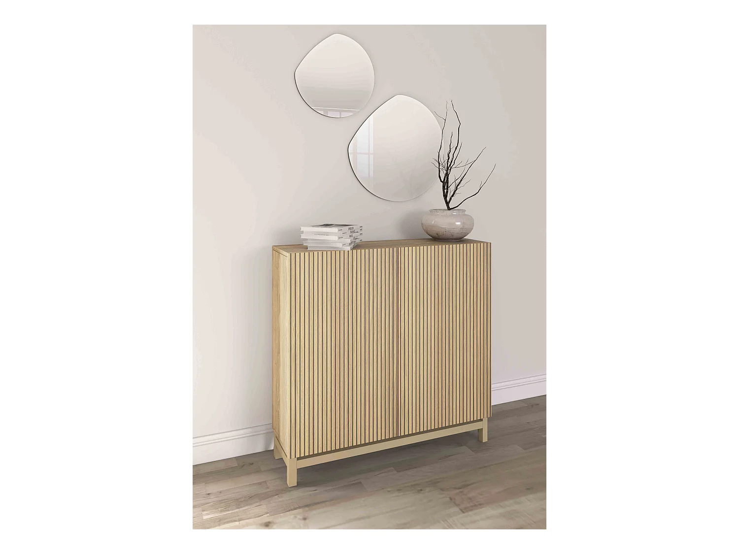 Meuble à chaussures/rangement - H90cm x L90cm x P27cm chêne portes impression lattes - Hanko