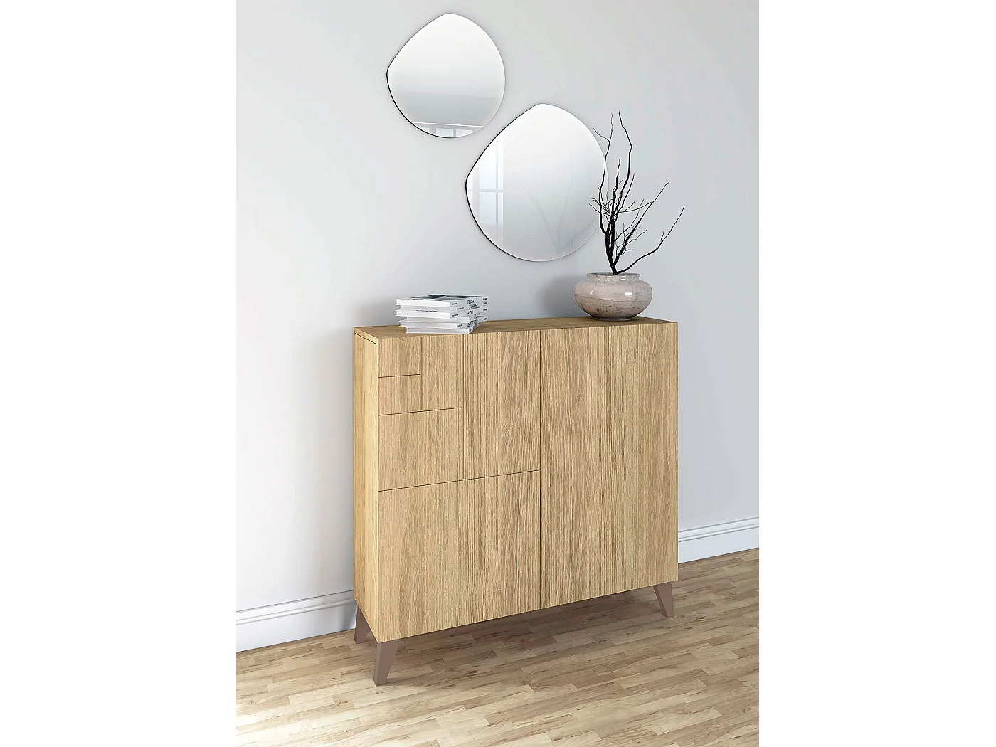 Sapateiro/Móvel organização - H87cm x L90cm x P27cm chêne dore pernas moca – Bergen