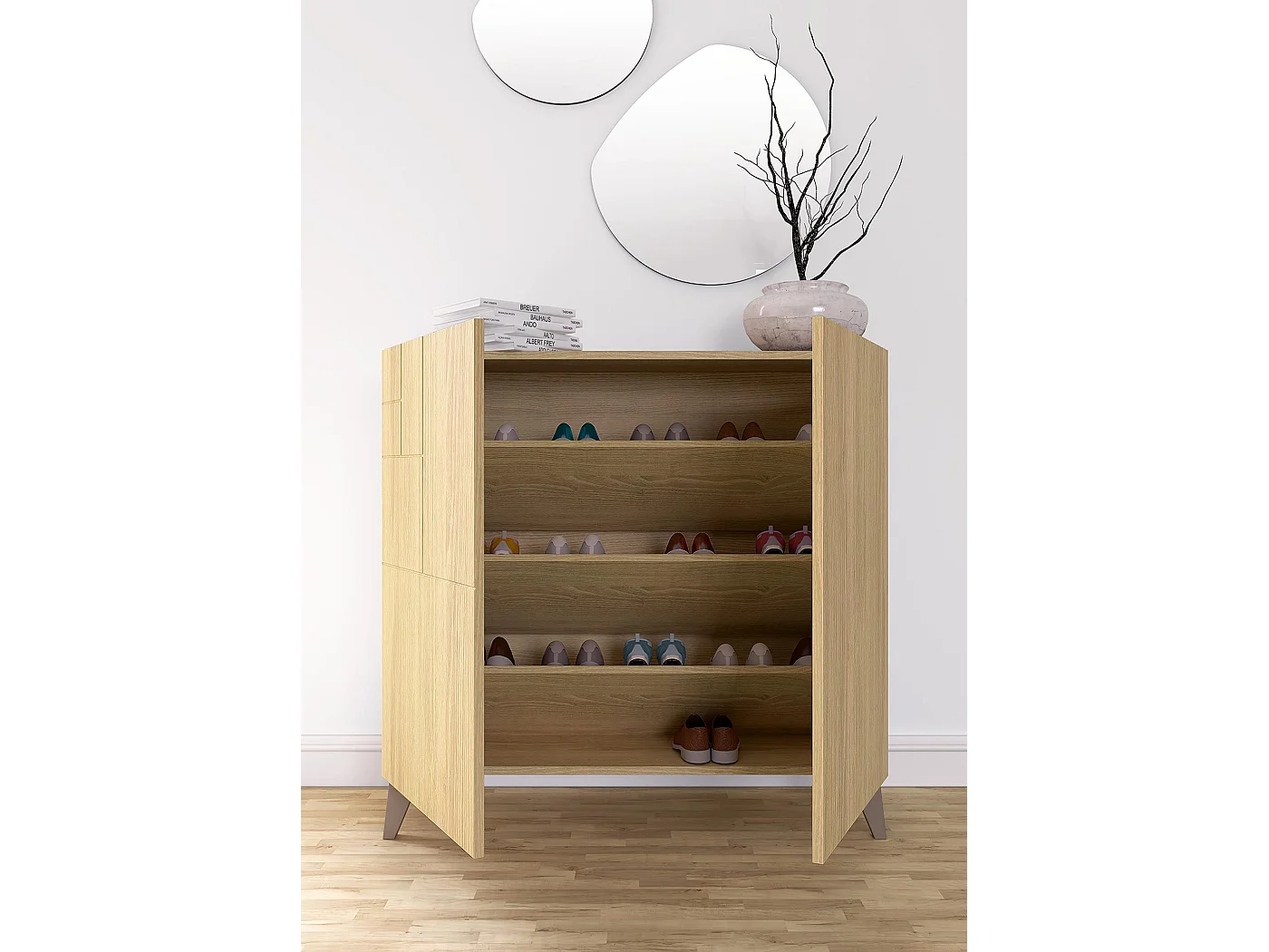 Meuble à chaussures/rangement - H87cm x L90cm x P27cm chêne dore pieds moka – Bergen