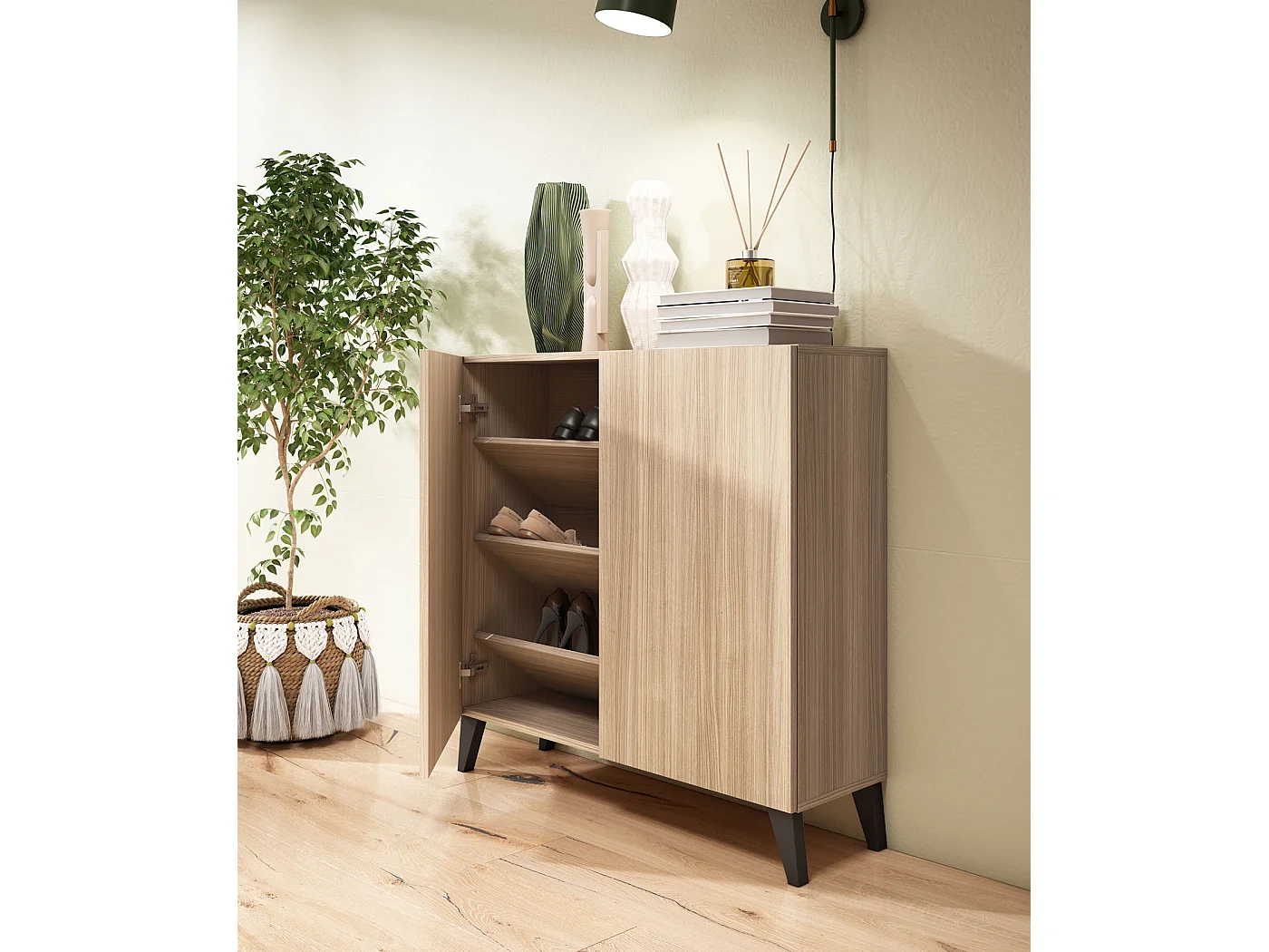 Sapateiro/Móvel organização - H87cm x L90cm x P27cm nogueira clara pernas grafite - Bergen