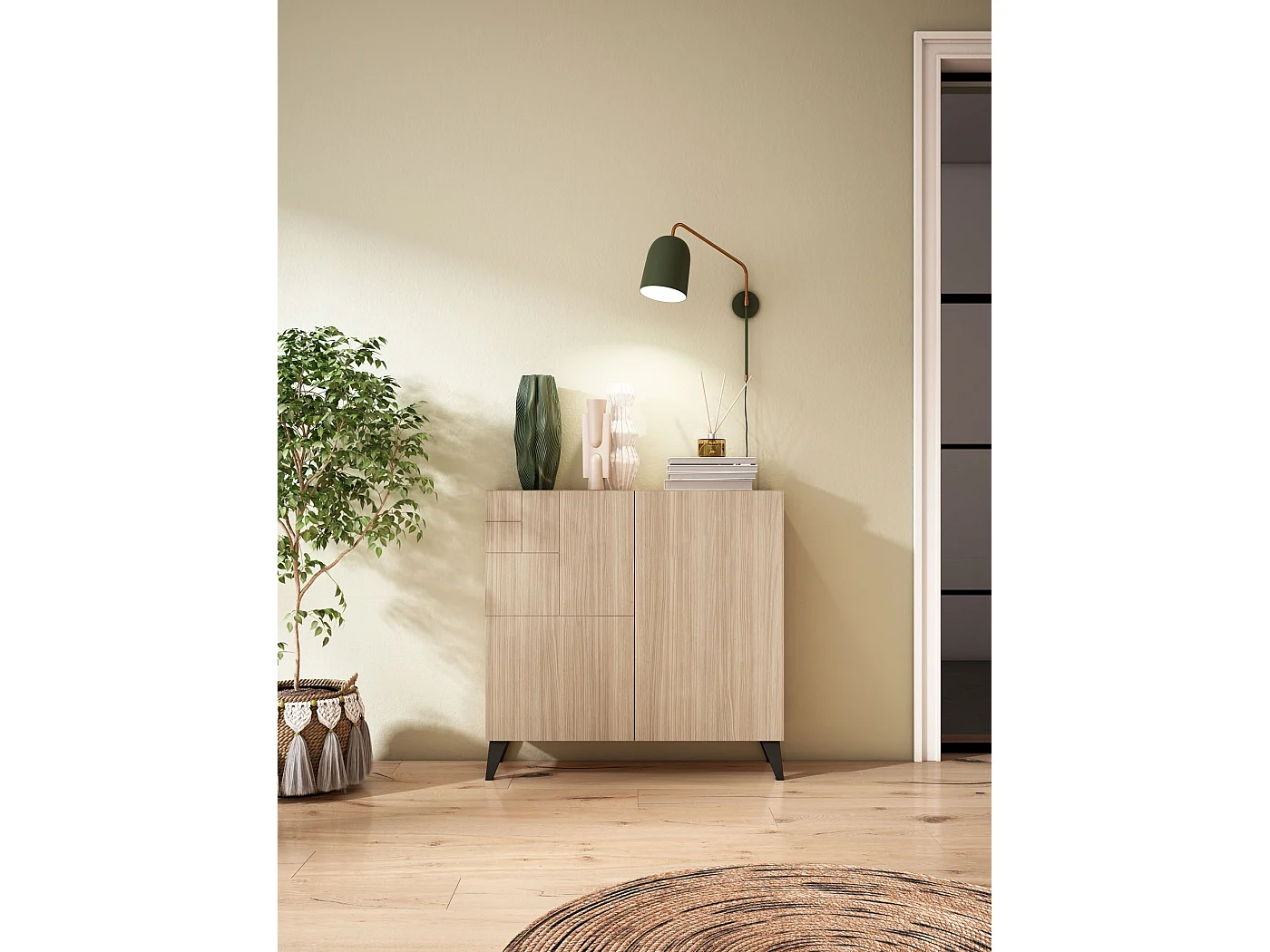 Sapateiro/Móvel organização - H87cm x L90cm x P27cm nogueira clara pernas grafite - Bergen