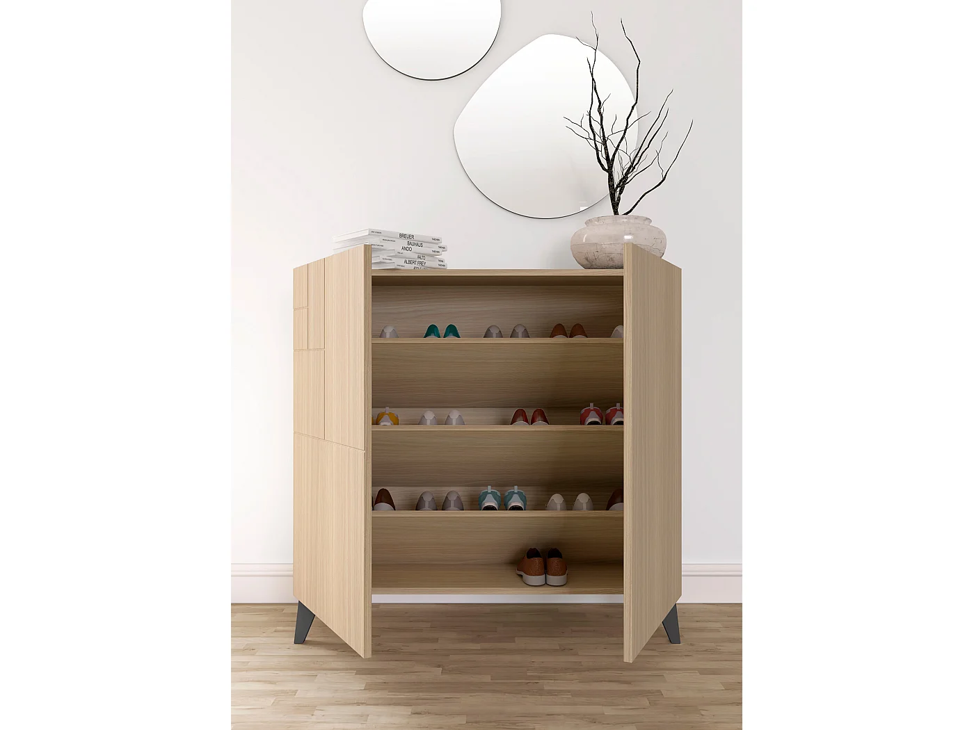 Sapateiro/Móvel organização - H87cm x L90cm x P27cm nogueira clara pernas grafite - Bergen