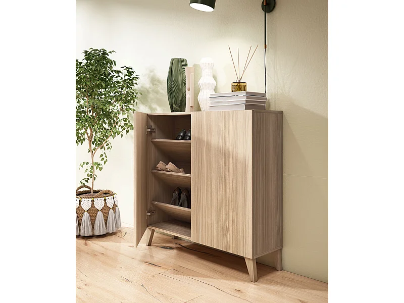 Meuble à chaussures/rangement - H87cm x L90cm x P27cm noyer clair - Bergen