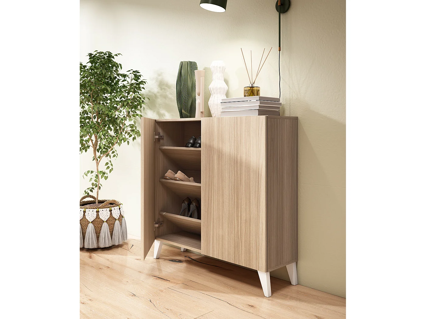 Sapateiro/Móvel organização - H87cm x L90cm x P27cm nogueira clara pernas branco - Bergen