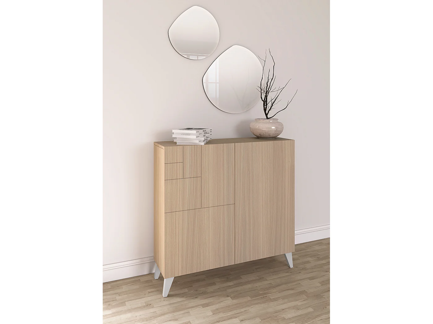 Sapateiro/Móvel organização - H87cm x L90cm x P27cm nogueira clara pernas branco - Bergen