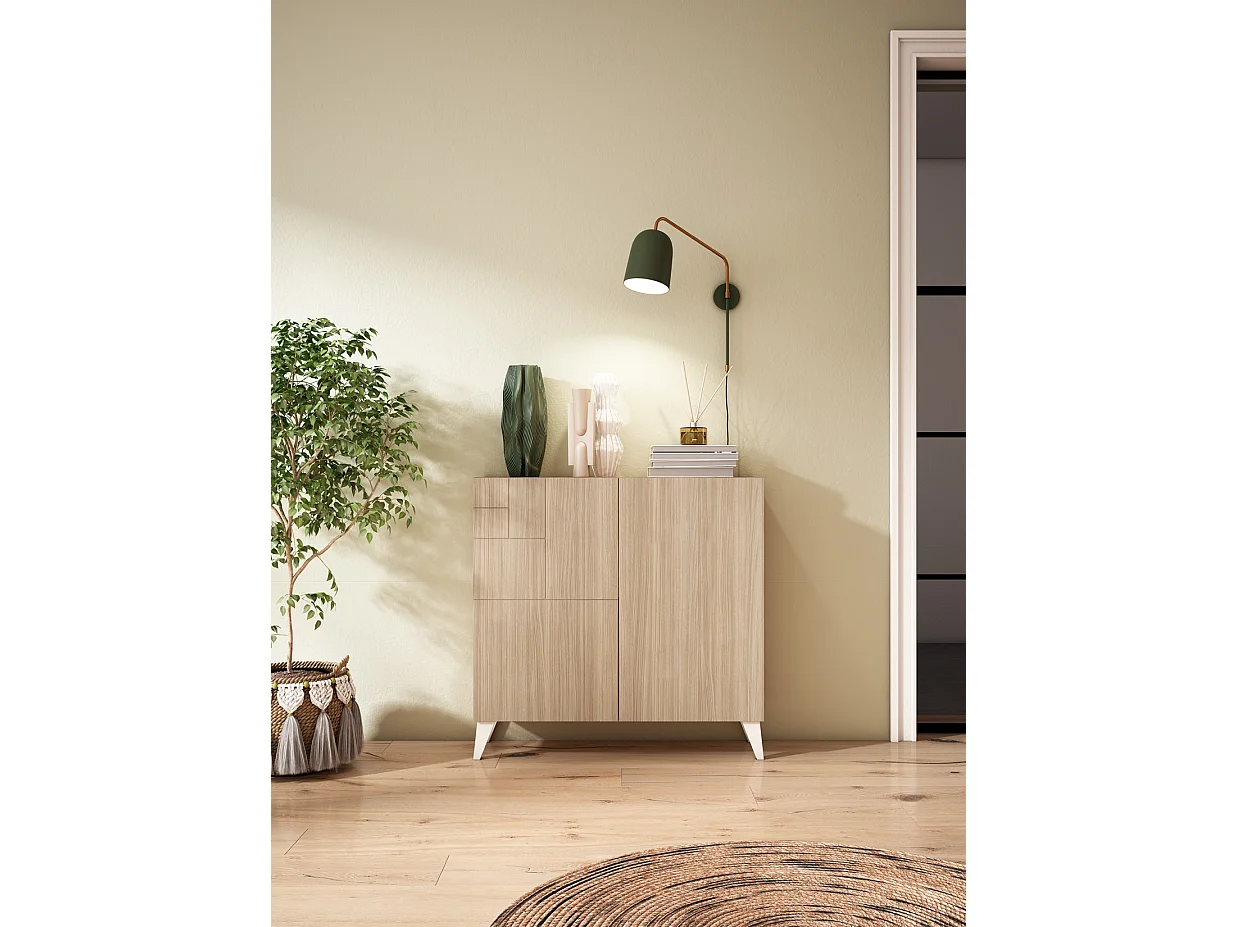 Mueble zapatero almacenaje - A87cm x L90cm x F27cm nogal claro patas blanco - Bergen