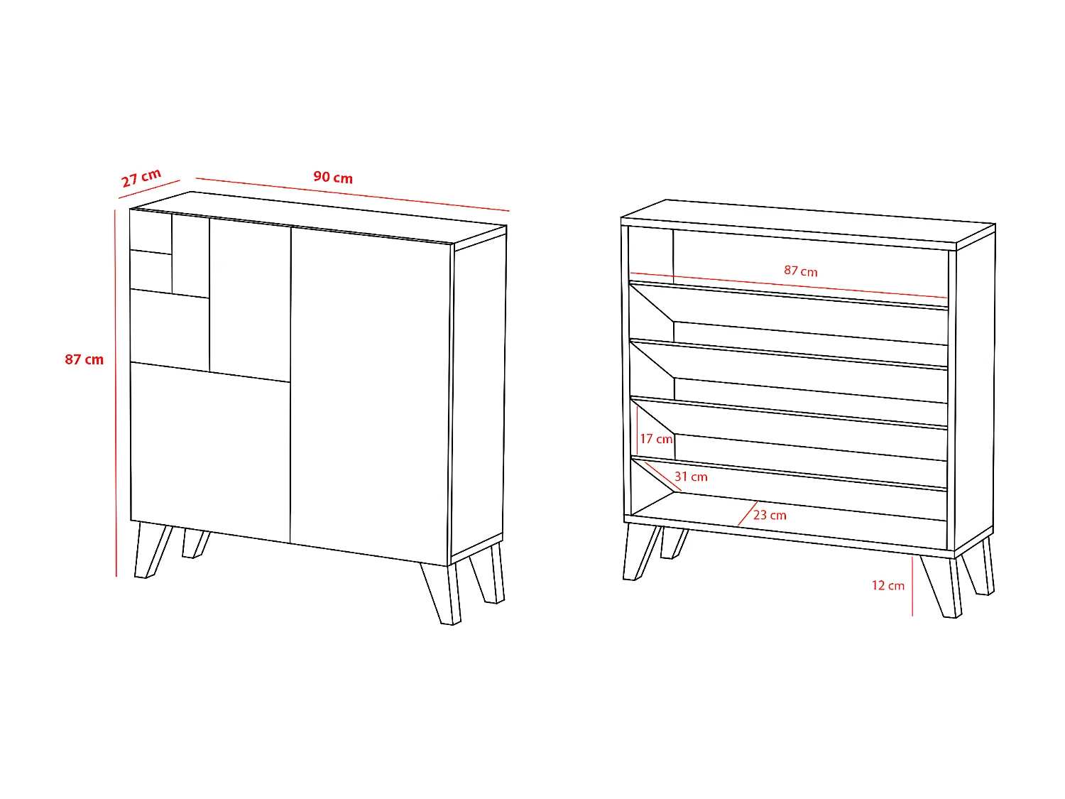 Mueble zapatero almacenaje - A87cm x L90cm x F27cm nogal claro patas blanco - Bergen