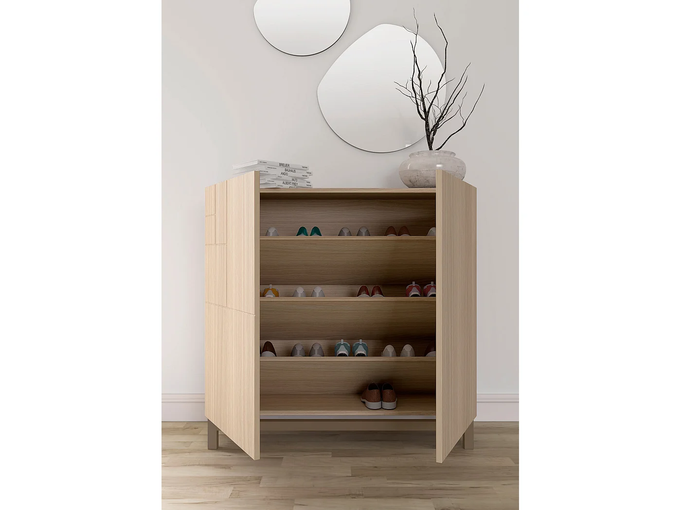 Mueble zapatero almacenaje - A90cm x L90cm x F27cm nogal claro patas moka - Copenhague