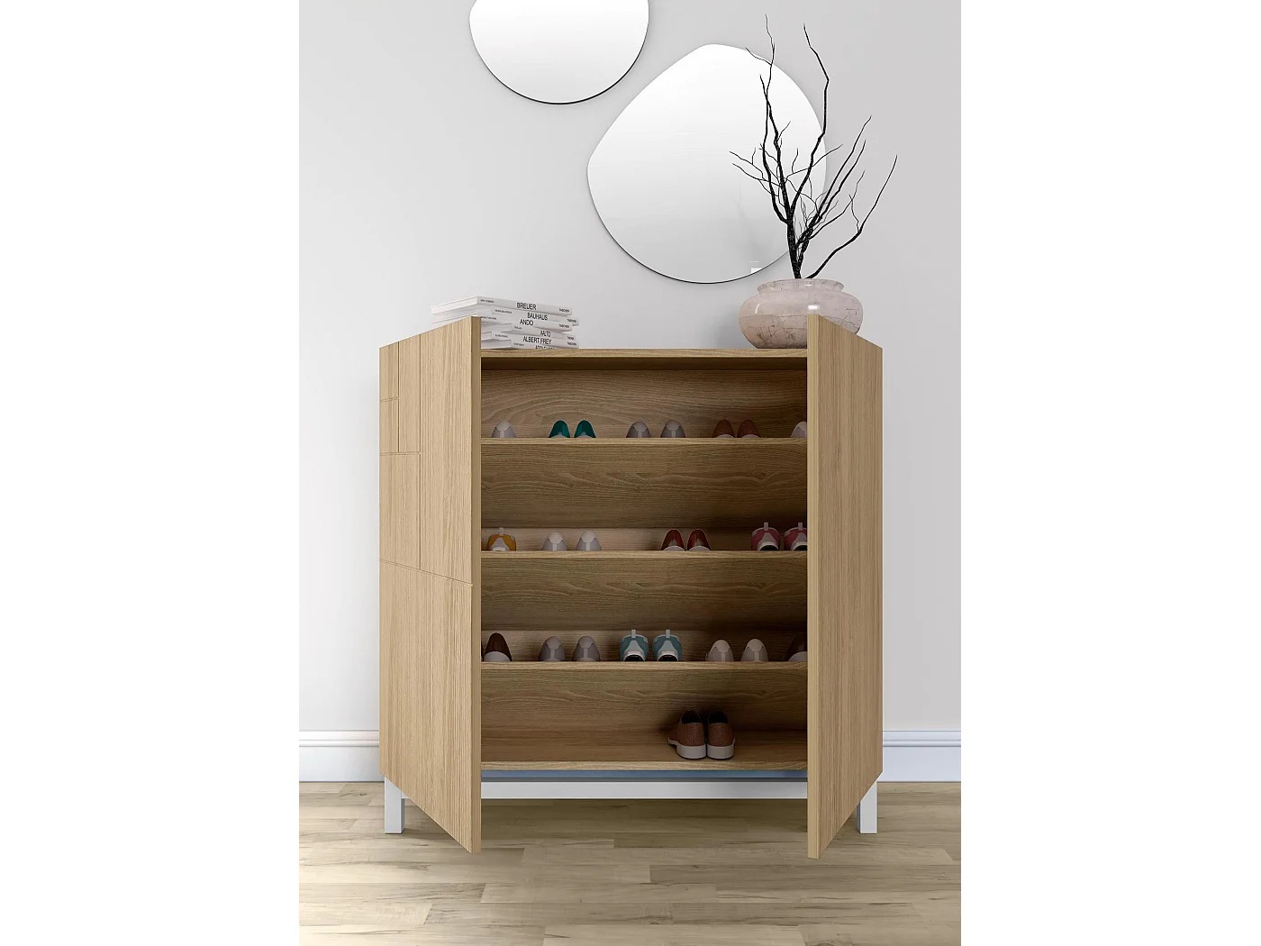 Mueble zapatero almacenaje - A90cm x L90cm x F27cm roble dorado patas blanco - Copenhague