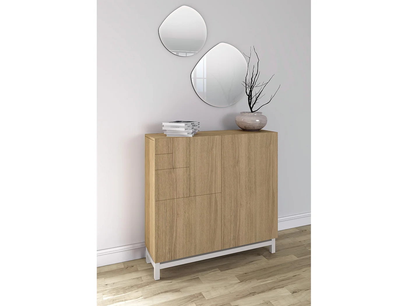 Mueble zapatero almacenaje - A90cm x L90cm x F27cm roble dorado patas blanco - Copenhague