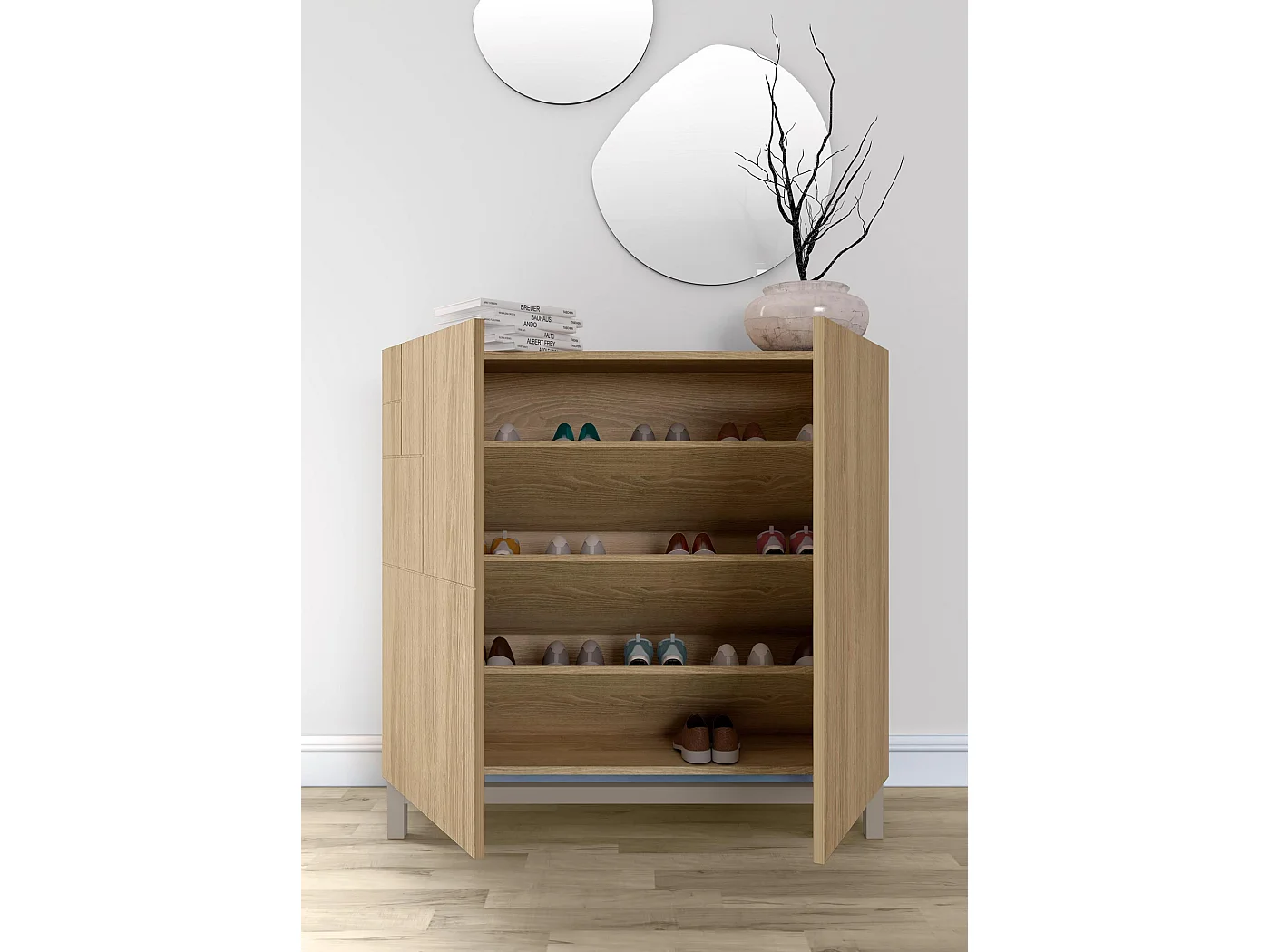 Sapateiro/Móvel organização - H90cm x L90cm x P27cm carvalho dourado pernas bege - Copenhague