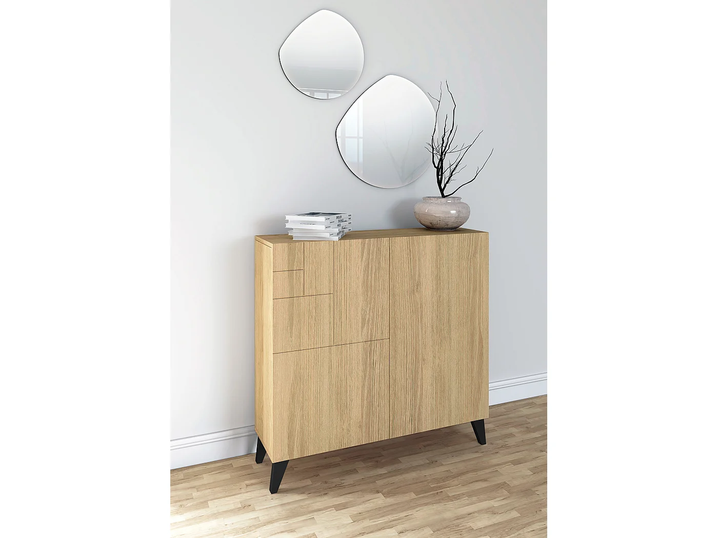 Sapateiro/Móvel organização - H87cm x L90cm x P27cm chêne dore pernas preto – Bergen