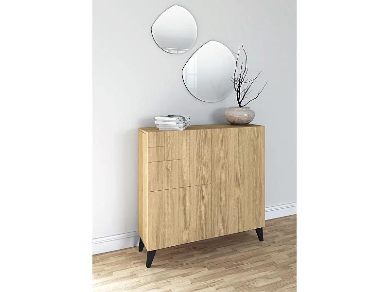 Mueble zapatero almacenaje - A87cm x L90cm x F27cm roble dorado patas negro – Bergen