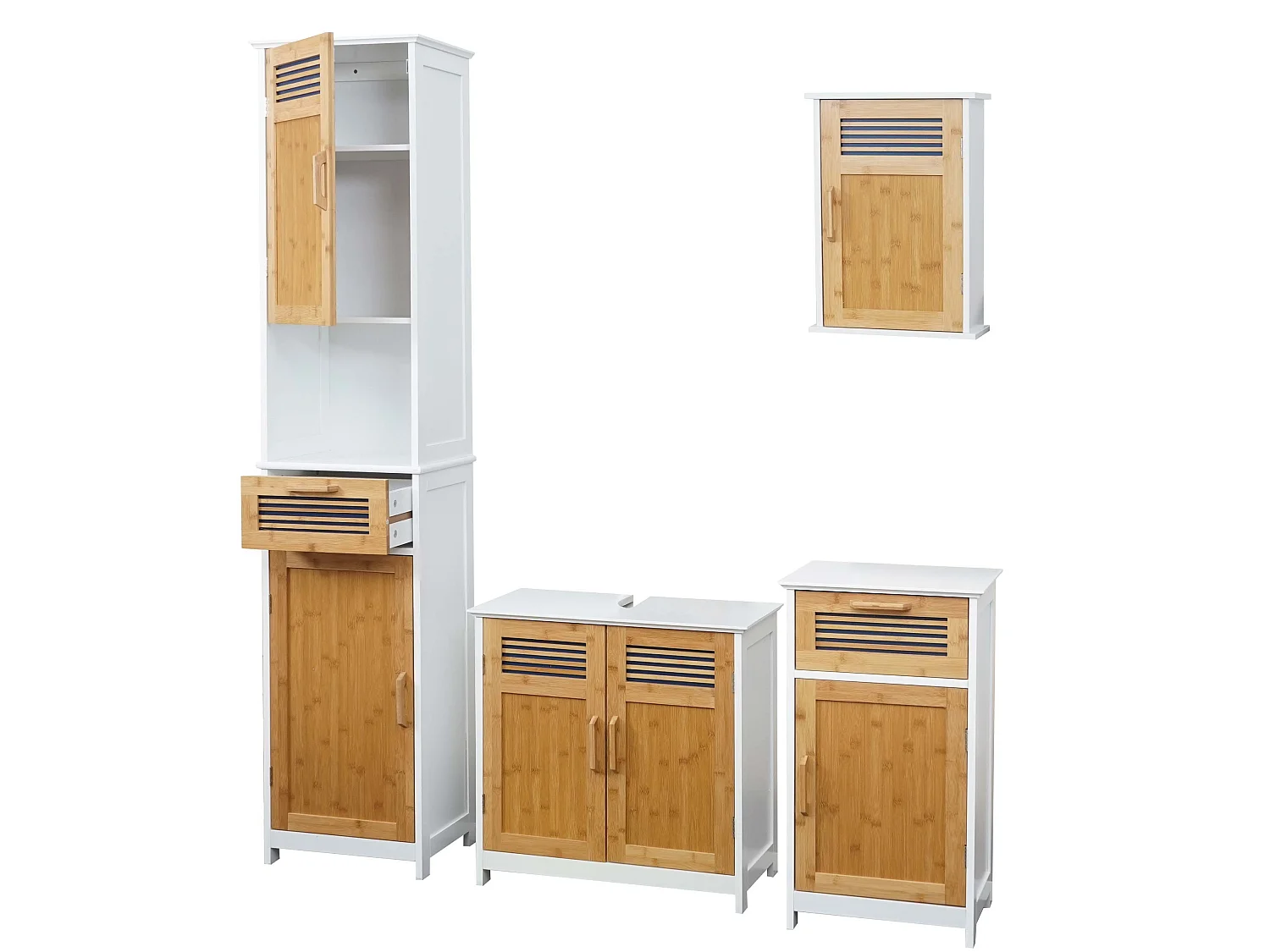 Arredo bagno serie MCW-A85 legno bambu e MDF set sottolavabo, mobile alto, mobile basso e pensile 4 pezzi