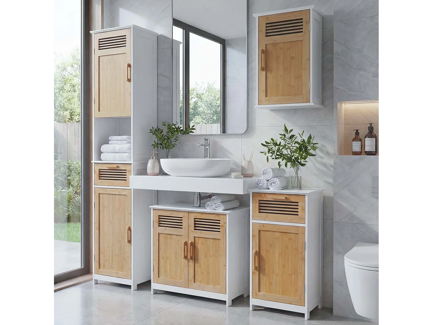 Arredo bagno serie MCW-A85 legno bambu e MDF set sottolavabo, mobile alto, mobile basso e pensile 4 pezzi