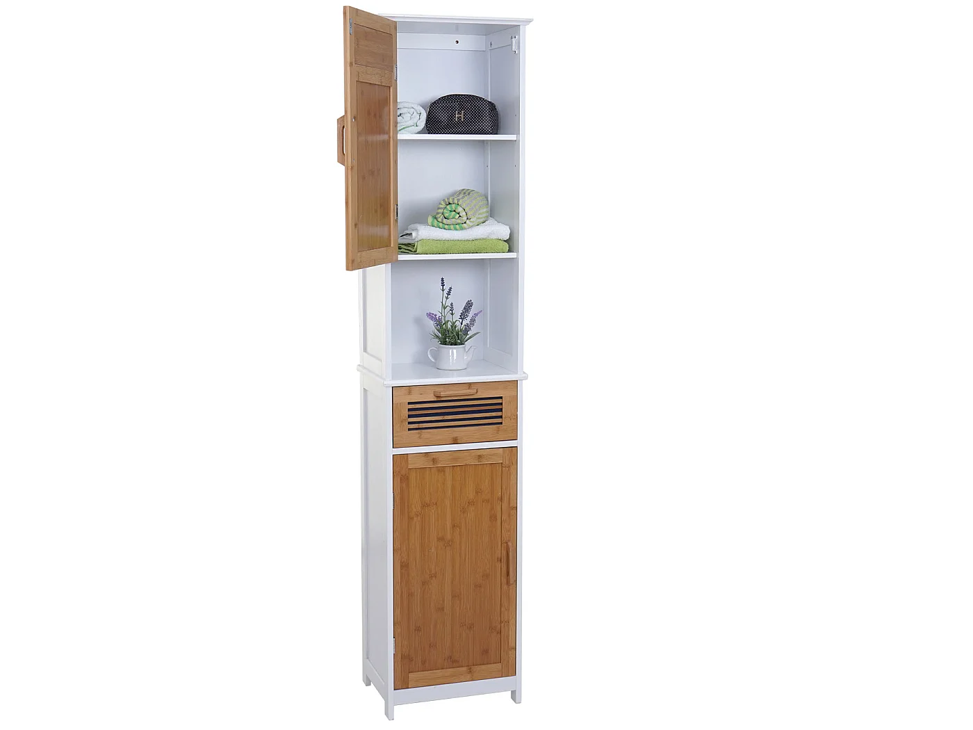 Arredo bagno serie MCW-A85 legno bambu e MDF set sottolavabo, mobile alto, mobile basso e pensile 4 pezzi
