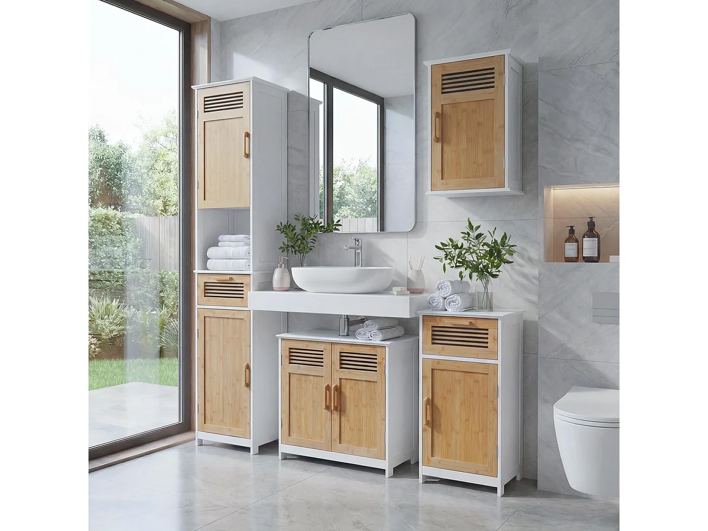 Arredo bagno serie MCW-A85 legno bambu e MDF set sottolavabo, mobile alto, mobile basso e pensile 4 pezzi