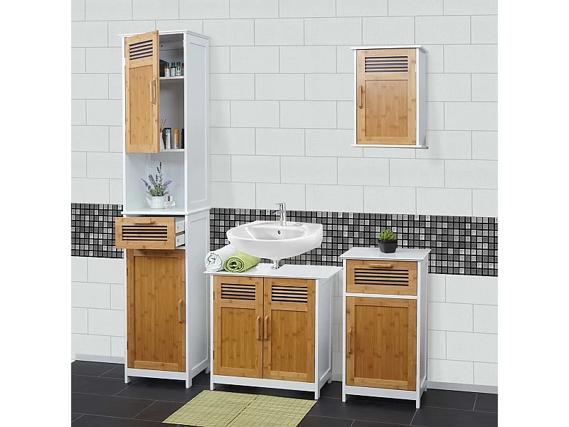 Arredo bagno serie MCW-A85 legno bambu e MDF set sottolavabo, mobile alto, mobile basso e pensile 4 pezzi