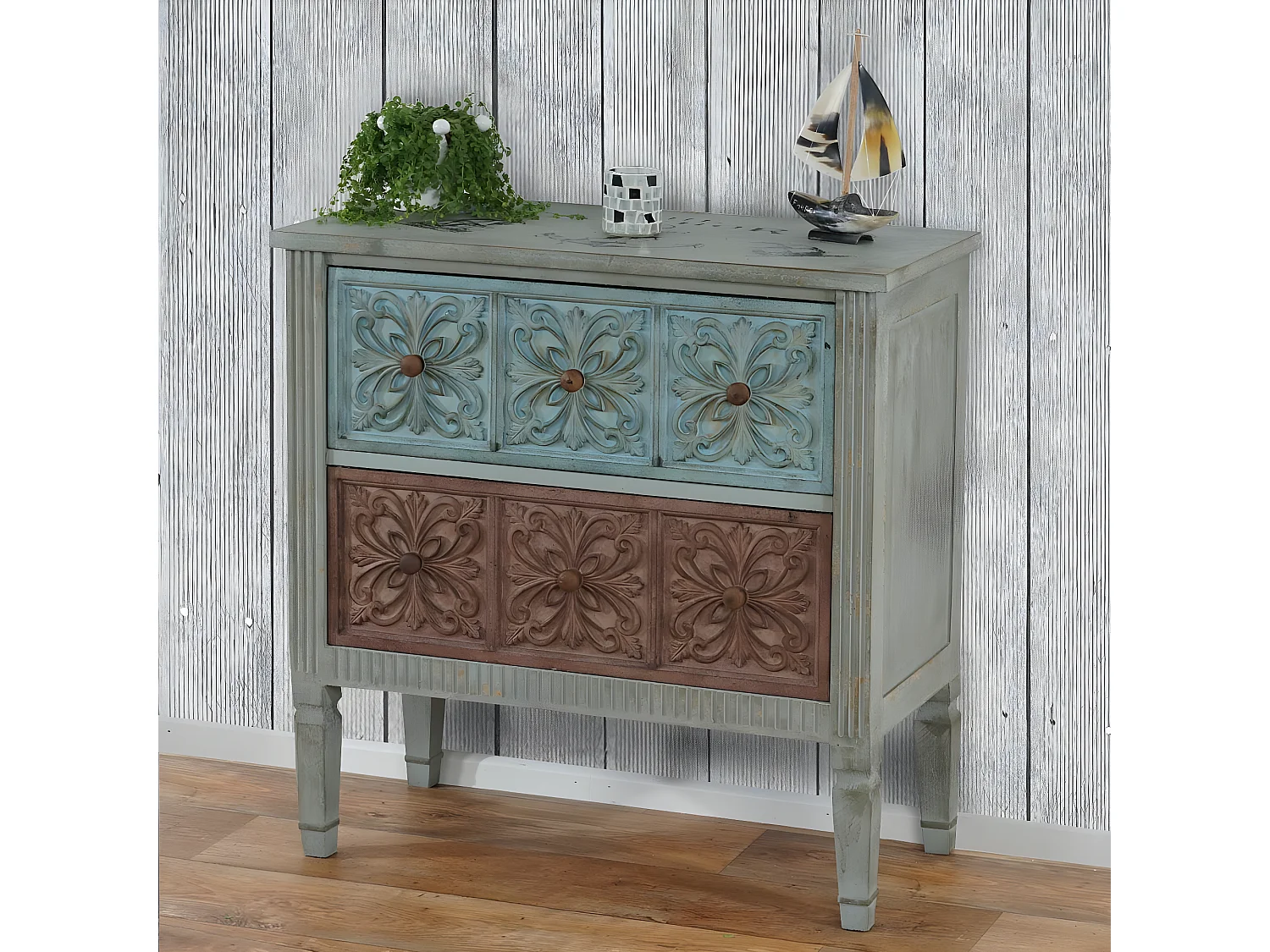 Como cassettiera shabby vintage legno stile spagnolo modello Aveiro 40x79x80cm