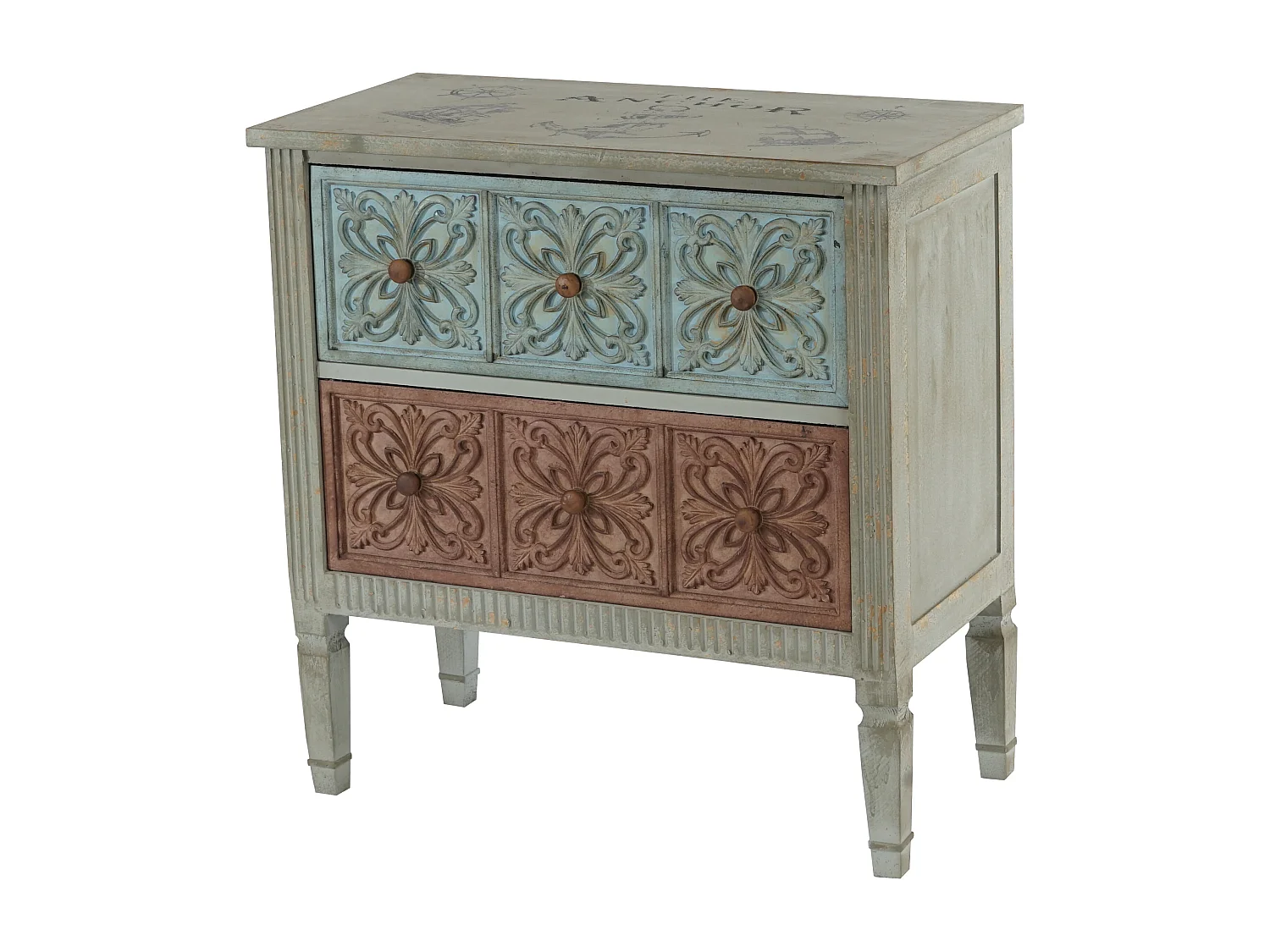 Como cassettiera shabby vintage legno stile spagnolo modello Aveiro 40x79x80cm