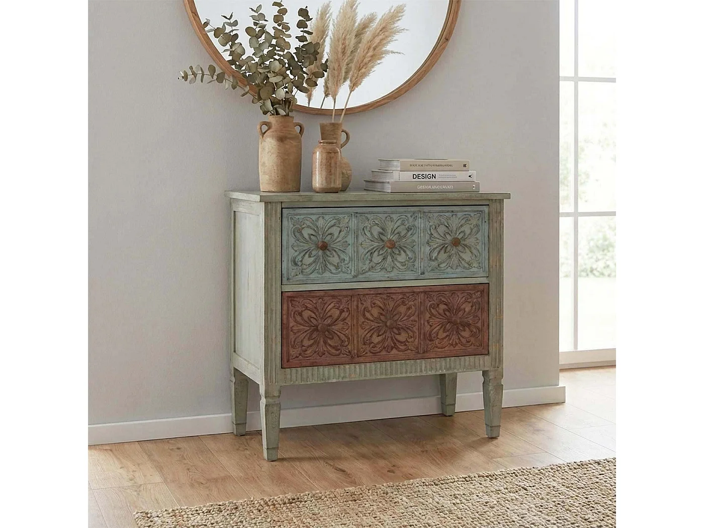 Como cassettiera shabby vintage legno stile spagnolo modello Aveiro 40x79x80cm