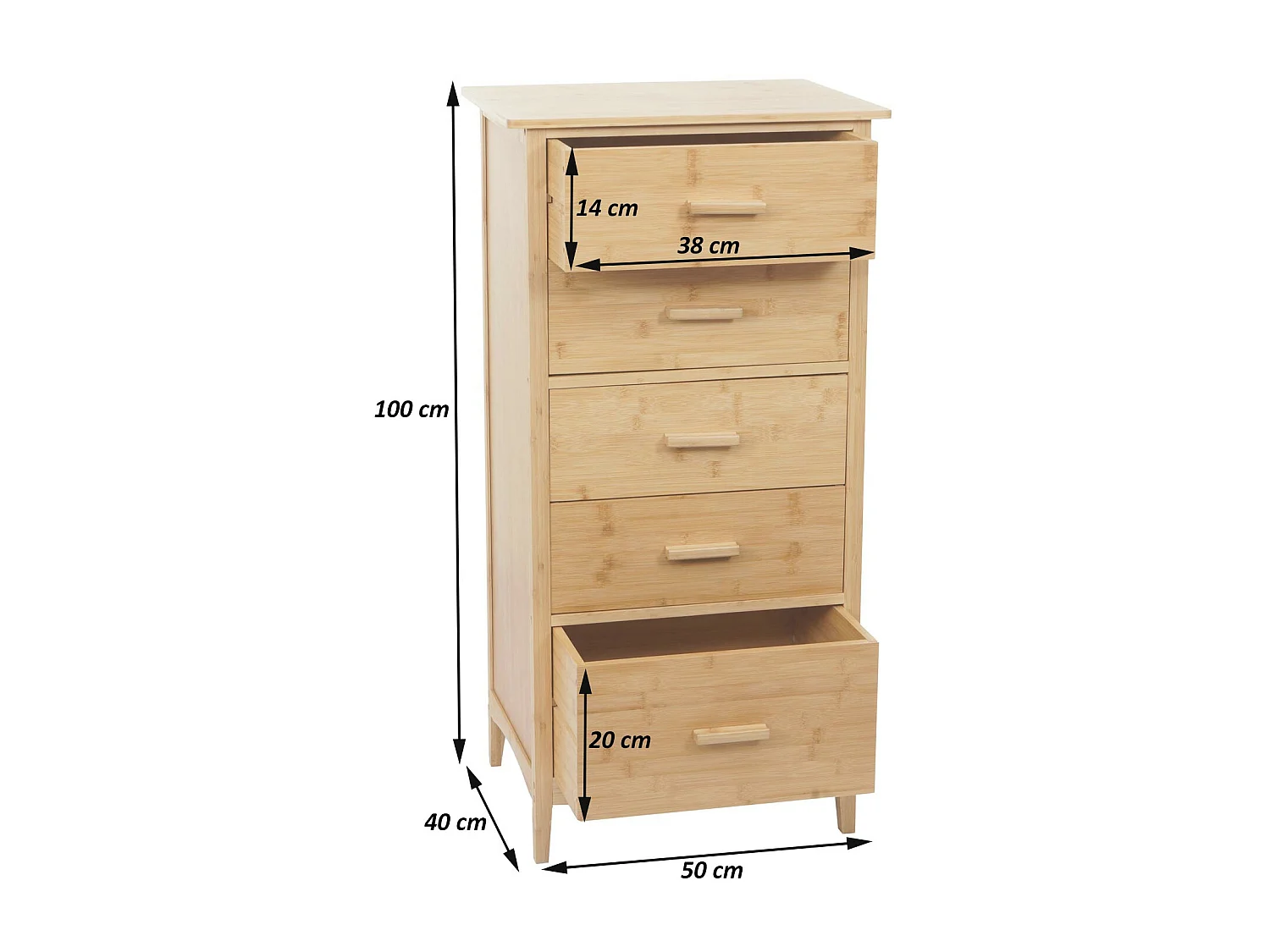 Cassettiera con 5 cassetti MCW-M24 100x50x40cm legno di bambù naturale