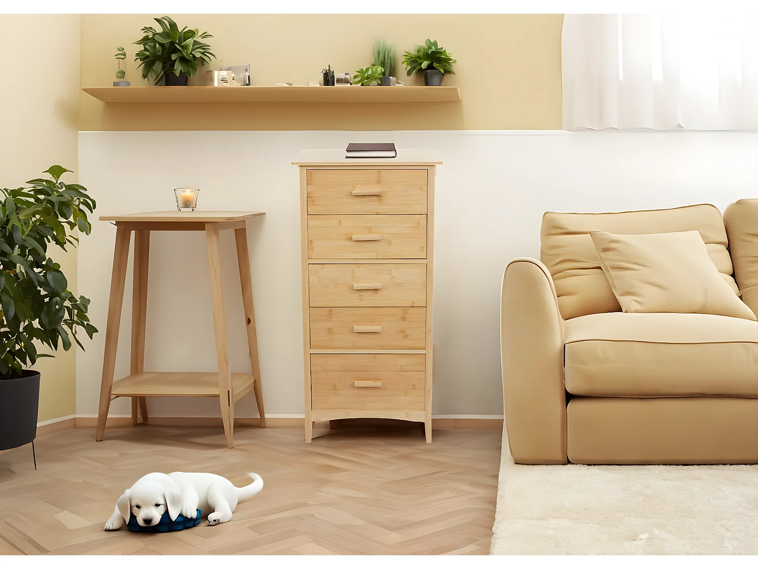 Cassettiera con 5 cassetti MCW-M24 100x50x40cm legno di bambù naturale