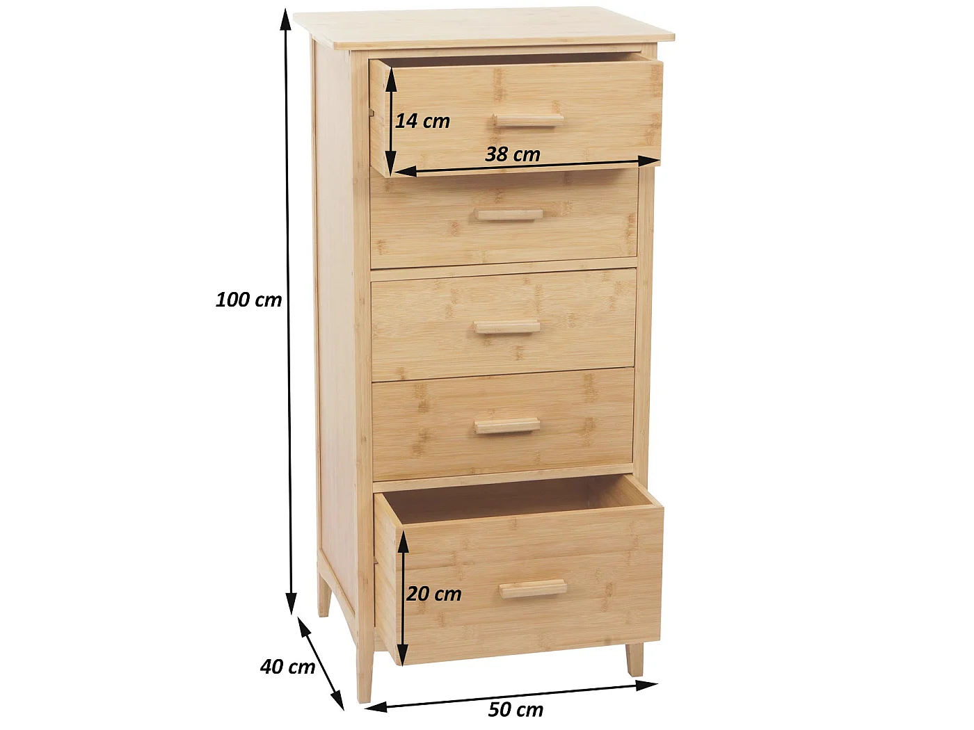 Bambus Kommode MCW-M24, Badezimmerschrank Schrank Anrichte Badschrank Beistellschrank, 5 Schubladen, FSC® 100x50x40cm