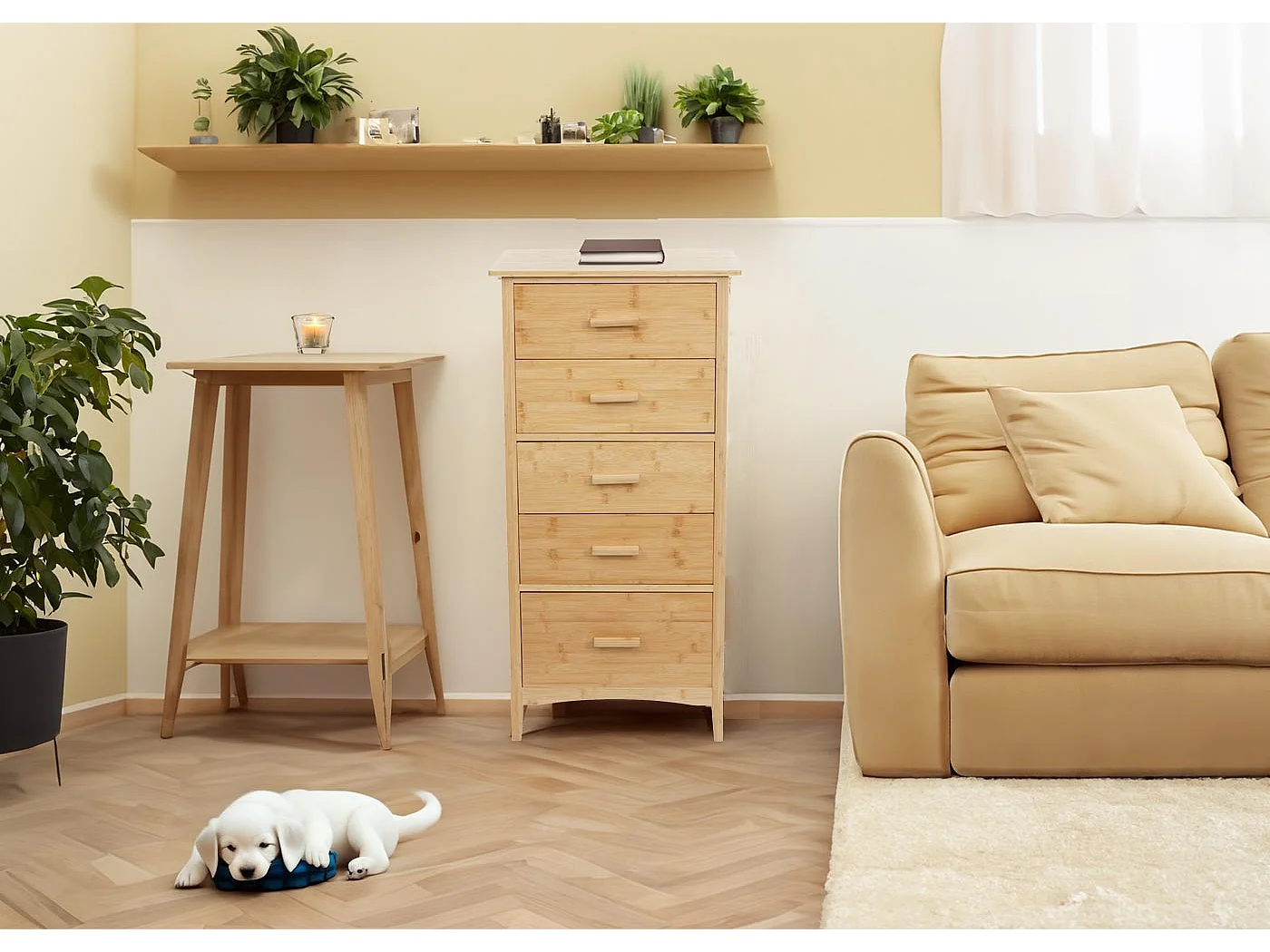 Bambus Kommode MCW-M24, Badezimmerschrank Schrank Anrichte Badschrank Beistellschrank, 5 Schubladen, FSC® 100x50x40cm