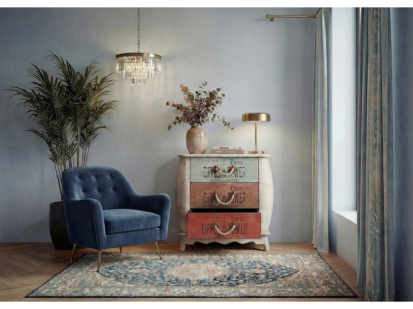 Como cassettiera shabby vintage legno stile spagnolo modello Leiria 36x70x75cm