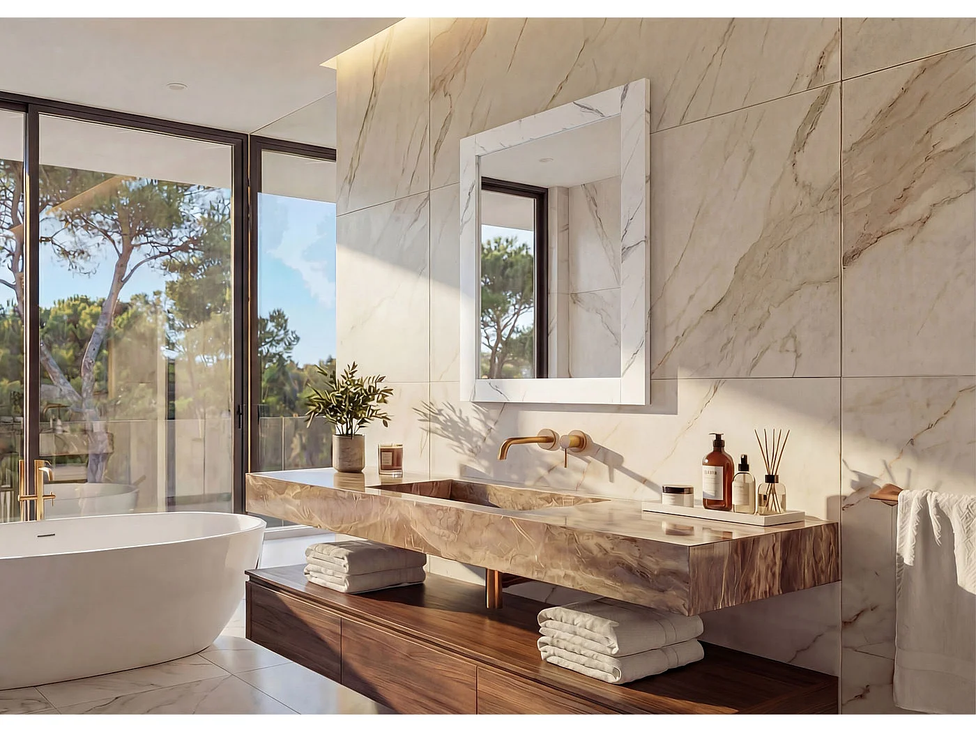 Miroir mural MCW-L86,  aspect marbre blanc