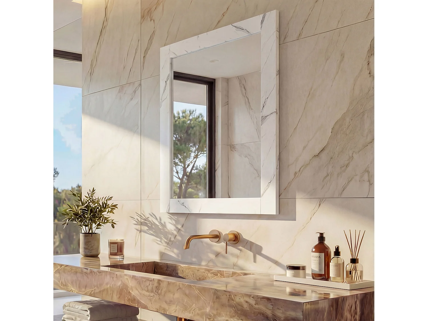 Miroir mural MCW-L86,  aspect marbre blanc