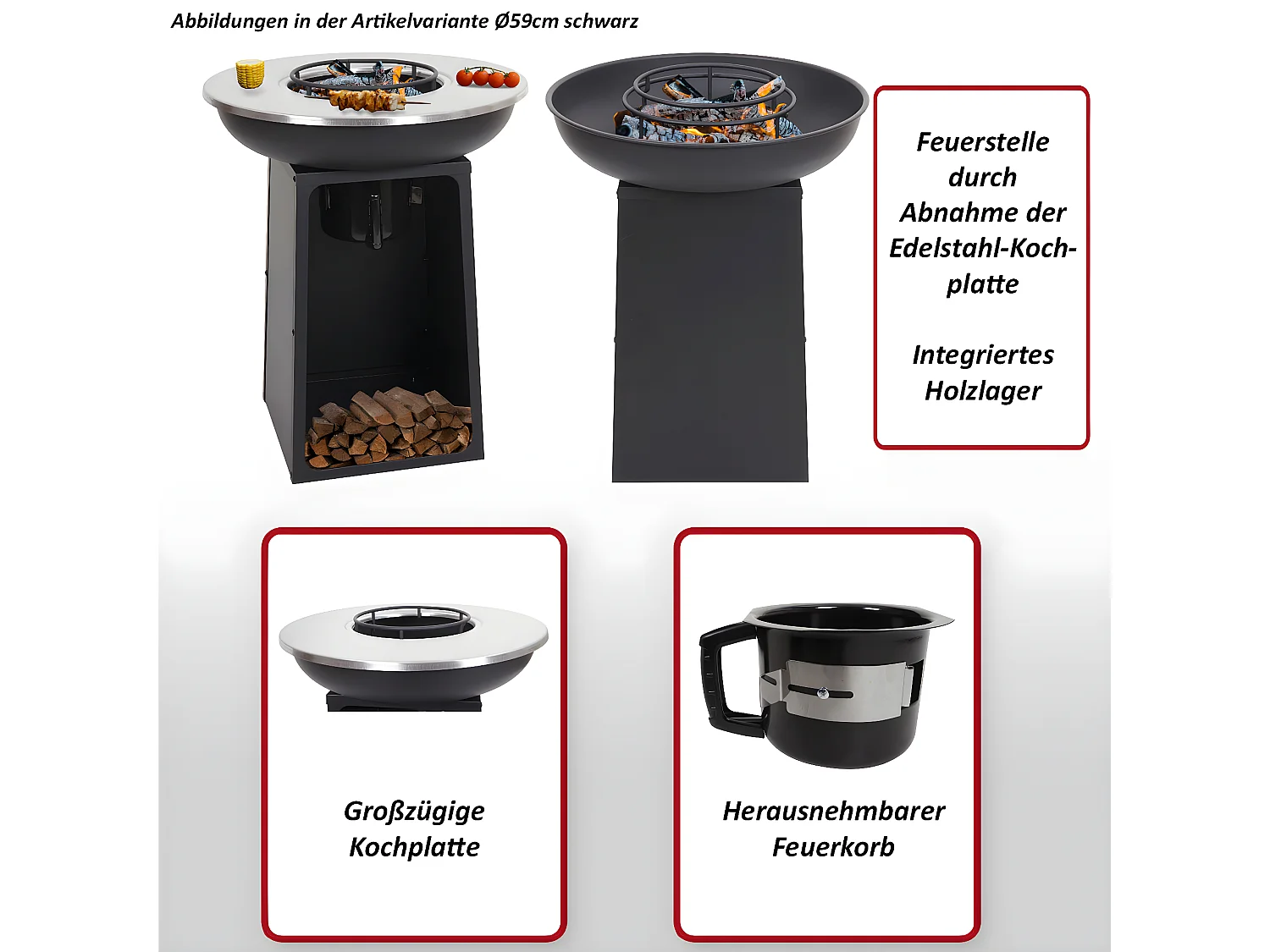 Vuurschaal met grillplaat MCW-K97,  Ø66cm zwart