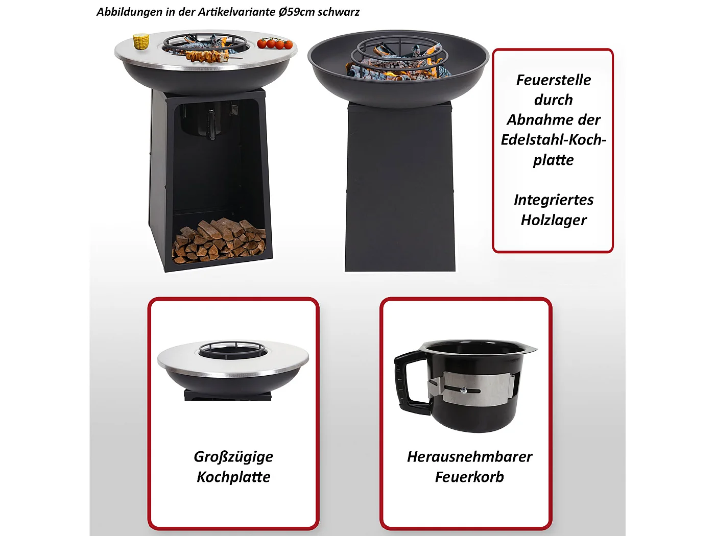 Cuenco de fuego con placa de parrilla MCW-K97,  Ø59cm negro